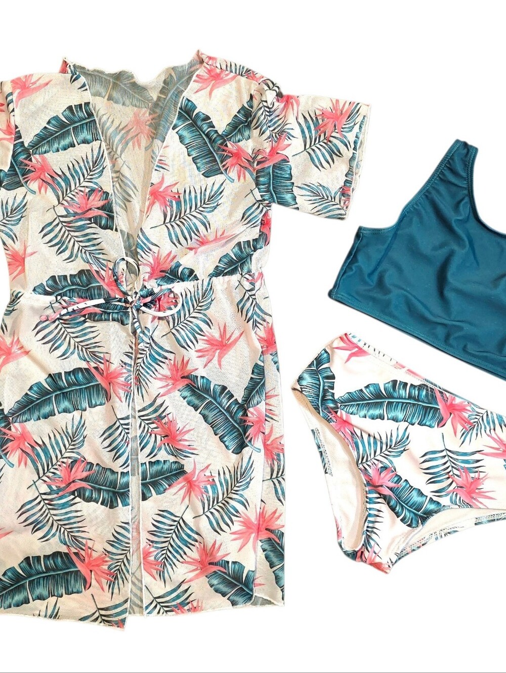 Tropical Birds Of Paradise Green Pink White Bikini Swim Cover Set Girls 10